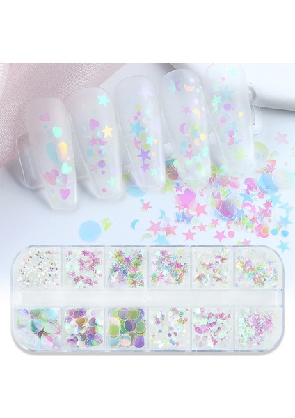Holografik Parlak Şeffaf Tırnak Süsleme Folyo Pulları Karışık Dizayn Kelebek Kalp Yıldızlar Nail Art
