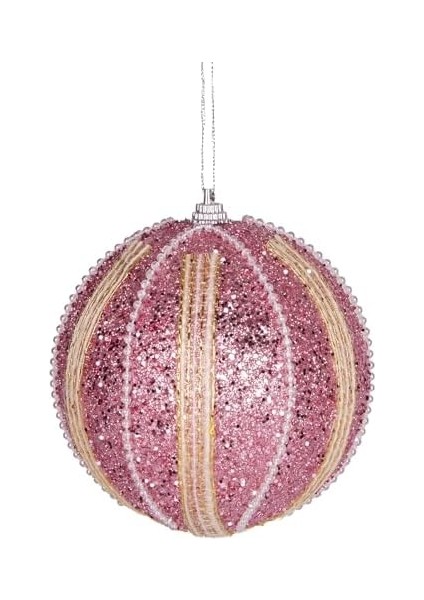 Yılbaşı Topu Şerit Inci Boncuk Figürlü 2&apos;li Paket Pembe 9 Cm.