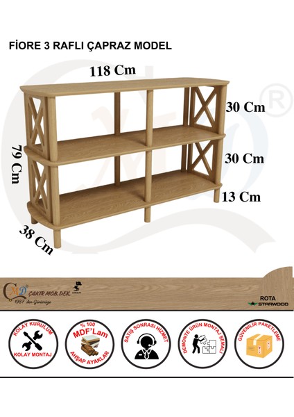 FİORE 3 Raflı Kitaplık – Çapraz Kenar Tasarım – MDF Lam & Ahşap Ayaklı Raf Ünitesi – 118x38x79 cm – Demonte Kolay Kurulum modelleri