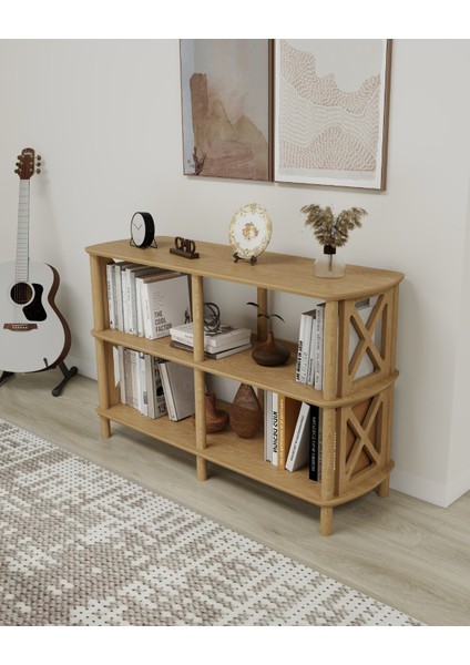 FİORE 3 Raflı Kitaplık – Çapraz Kenar Tasarım – MDF Lam & Ahşap Ayaklı Raf Ünitesi – 118x38x79 cm – Demonte Kolay Kurulum