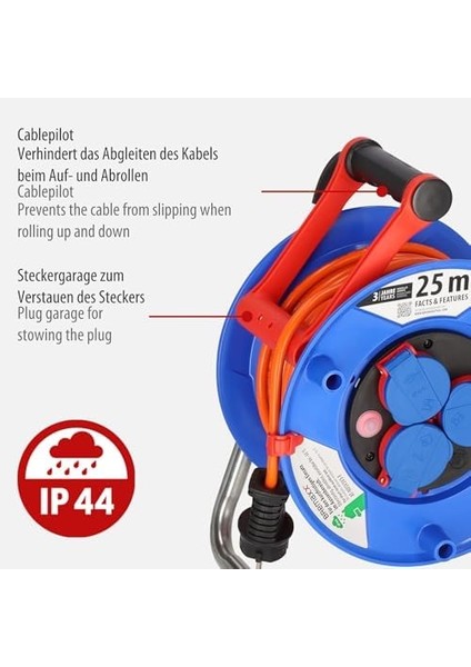 Garant Serisis IP44 Lisanslı 25 Metre Makaralı Uzatma Kablosu Turuncu