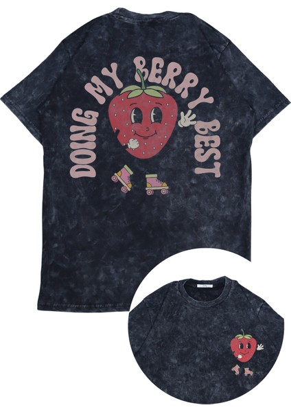 Unisex Doing My Berry Best Sırt Baskılı Yıkamalı T-Shirt, Oversize Çilek Temalı Retro Tişört