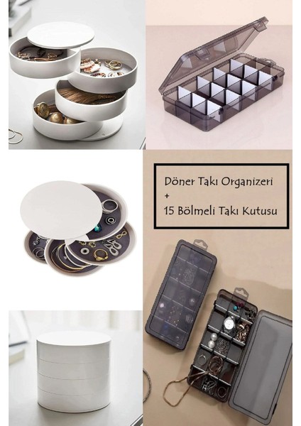 Gri 2'li 4 Katlı Döner Takı Organizeri, 15 Bölmeli Takı Kutusu, Şık ve Pratik