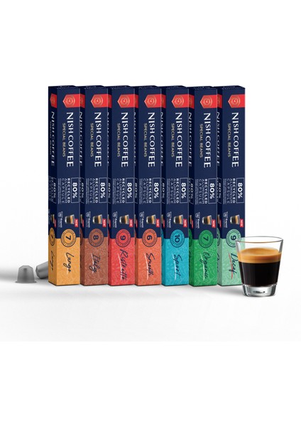 Nespresso Uyumlu Kapsül Kahve 7'li Set (Lungo,ıtaly,risteretto,smooth,sport,organik,decaf)-70 Adet modelleri