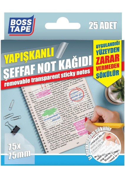 Tape 25 Adet Sökülebilir Şeffaf Yapışkanlı Not Kağıdı