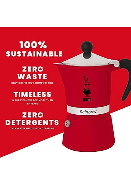 - Rainbow: 6 Cups Ocak Üstü Espresso Pişirici - 250ML - Kırmızı Renk - Alüminyum Gövde - Patentli Güvenlik Valfi - Tüm Ocak Türleri Için Uygundur (Indüksiyon Hariç)