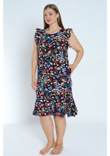 Kadın Lacivert Büyük Beden Desenli %100 Pamuk Cepli Kolu ve Eteği Fırfırlı Elbise fiyatları