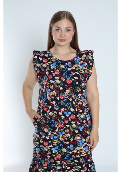 Kadın Lacivert Büyük Beden Desenli %100 Pamuk Cepli Kolu ve Eteği Fırfırlı Elbise modelleri