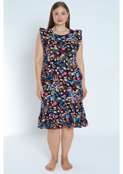 Kadın Lacivert Büyük Beden Desenli %100 Pamuk Cepli Kolu ve Eteği Fırfırlı Elbise fırsatları