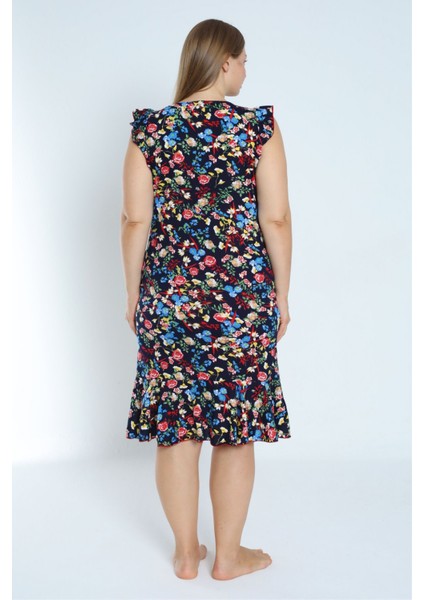 Kadın Lacivert Büyük Beden Desenli %100 Pamuk Cepli Kolu ve Eteği Fırfırlı Elbise indirimleri