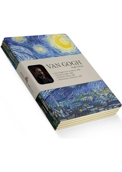 Night Series - A5, Van Gogh 4&apos;lü Defter Seti I, Çizgisiz, Toplam 256 Sayfa, Her Biri 64 Sayfa, Tel Dikiş, Esnek Kapak, Oval Kenar, Tuval Doku, 60 Gram, Sarı Krem Renk fiyatları