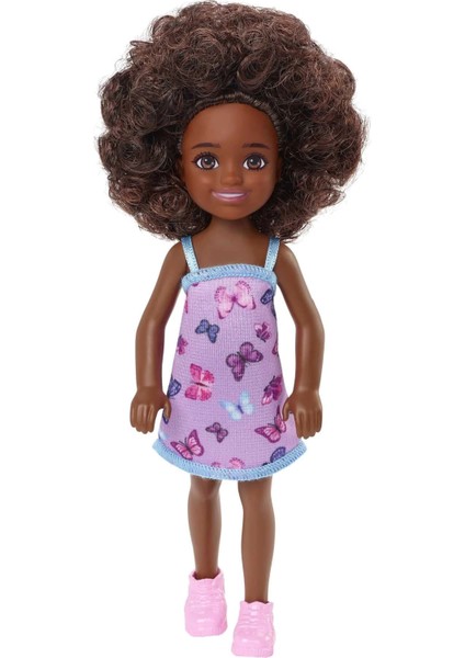 Chelsea Doll (Curly Brunette Hair) Wearing Butterfly-Print Dress And Pink Shoes, Toy For Kids Ages 3 Years Old & Up