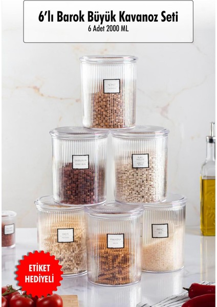 6'lı Barok Yuvarlak Büyük Kavanoz Seti & Saklama Kabı & Erzak Kabı (6*2000 Ml)