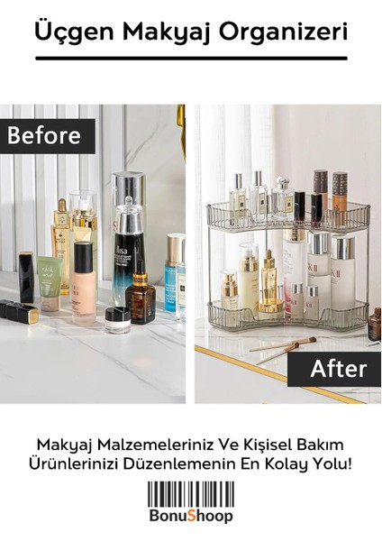 İki Katlı Üçgen Köşe Makyaj Organizeri Şık ve Fonksiyonel Antrasit Renkli Düzenleyici indirimleri