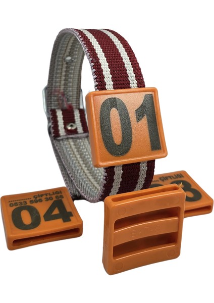 90 Adet Turuncu Renk Küçükbaş Hayvan Boyunluk Kemer ve Numaratör Takımı (Kemer+Numara)