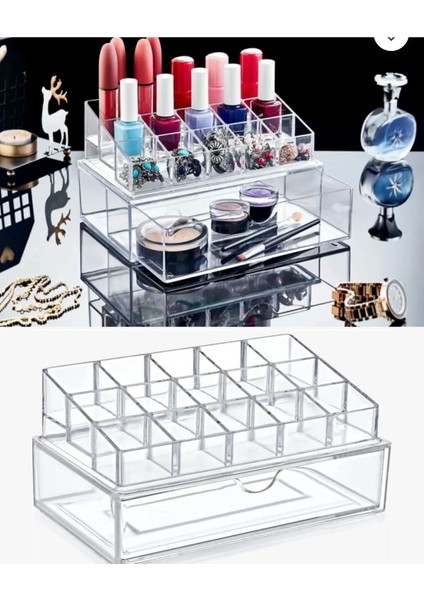 Büyük Boy 2 Katlı Çekmeceli Takı, Makyaj ve Oje Düzenleyici, Beyaz