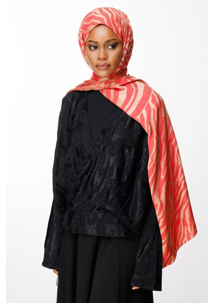 Riad Desen Çift Taraflı Şal Vizon-Kırmızı