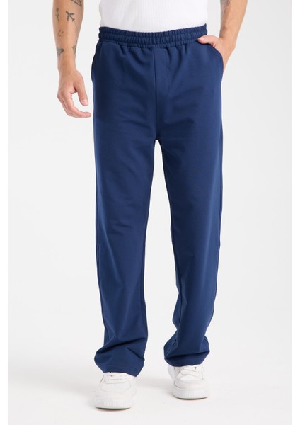 6004 Indigo Erkek Bol Kesim Baggy Fermuarlı Cep Beli Bağçıklı Indigo Erkek Eşofman Altı