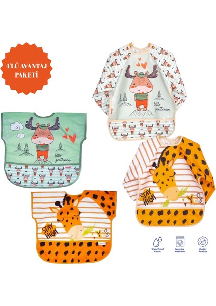 Uzun Kollu Sıvı Geçirmez Mama Önlüğü – Gıda Cepli, Eğlenceli Desenli, 6- 24 Ay, 4'lü Set