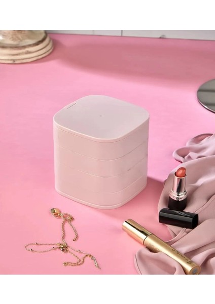 4 Katlı Aynalı Kare Döner Takı Organizer Kutusu Pembe Şık Saklama