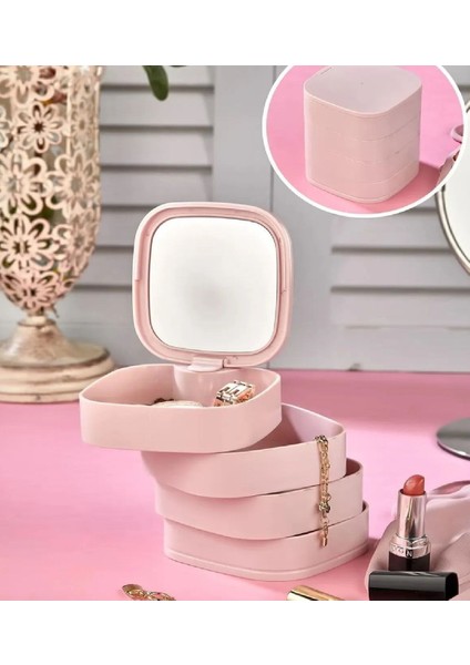4 Katlı Aynalı Kare Döner Takı Organizer Kutusu Pembe Şık Saklama