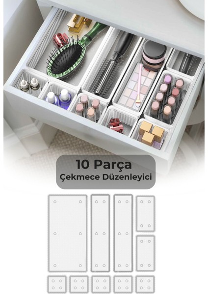 10 Parça Modüler Makyaj ve Takı Düzenleyici, Beyaz, Çekmece ve Masaüstü Use