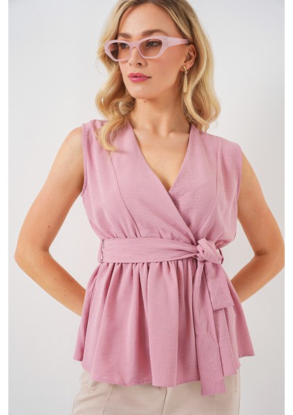 Kadın Kruvaze Yaka Kolsuz Bluz 966 - Pudra fırsatları