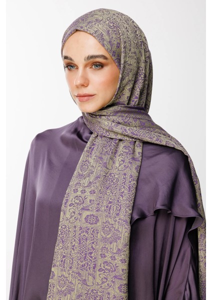 Henna Desen Çift Taraflı Şal Zeytin-Mor