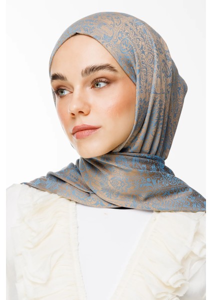 Henna Desen Çift Taraflı Şal Vizon-Turkuaz