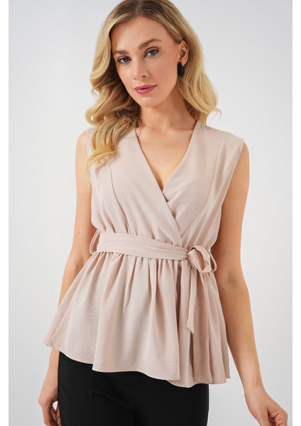 Kadın Kruvaze Yaka Kolsuz Bluz 966 - Krem