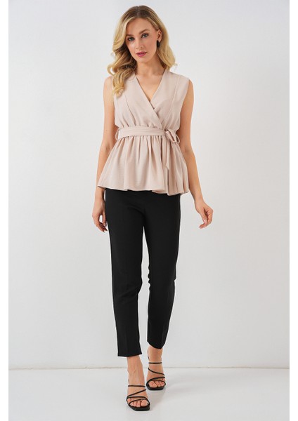 Kadın Kruvaze Yaka Kolsuz Bluz 966 - Krem fiyatları