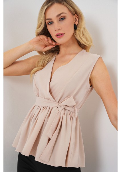 Kadın Kruvaze Yaka Kolsuz Bluz 966 - Krem modelleri