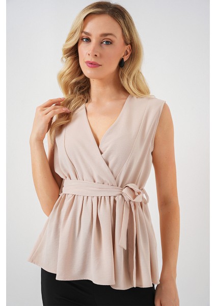 Kadın Kruvaze Yaka Kolsuz Bluz 966 - Krem fırsatları