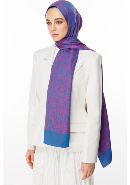 Henna Desen Çift Taraflı Şal Petrol Mavisi-Fuşya