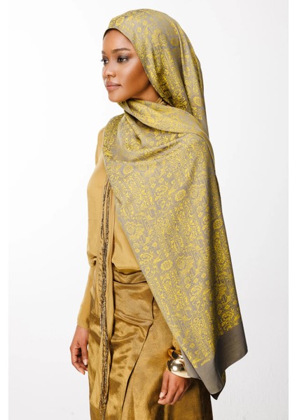 Henna Desen Çift Taraflı Şal Koyu Gri-Hardal