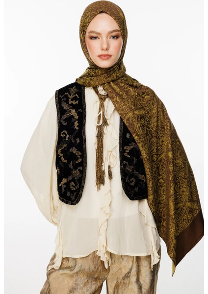 Velora Desen Çift Taraflı Şal Acı Kahve-Somon