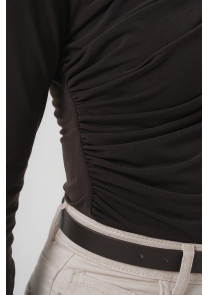 925 Büzgü Detaylı Sandy Bluz - Kahverengi indirimleri