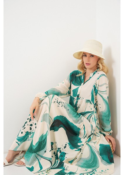 Kadın Desenli Uzun Tesettür Elbise 2585 - Zümrüt Yeşili fiyatları