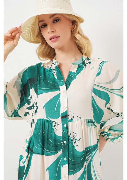 Kadın Desenli Uzun Tesettür Elbise 2585 - Zümrüt Yeşili modelleri