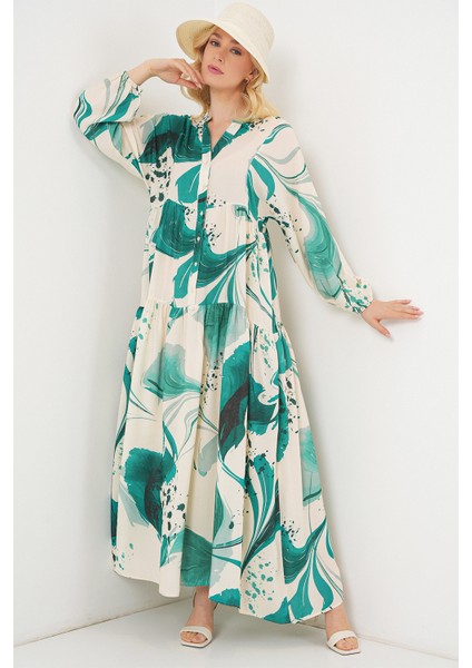 Kadın Desenli Uzun Tesettür Elbise 2585 - Zümrüt Yeşili fırsatları