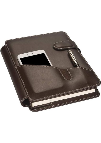 5285 Ajanda Tarihsiz Kareli 17X24 Ajanda Defter 160 Yaprak Ivory Kağıt Suni Deri Telefon Kılıflı Mekanizmalı Hesap Makineli Organizer, Kahverengi
