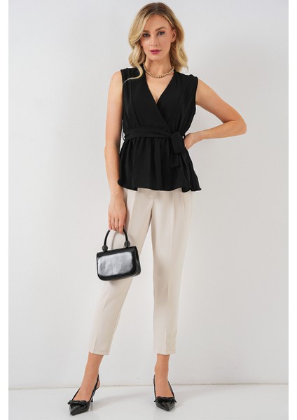 Kadın Kruvaze Yaka Kolsuz Bluz 966 - Siyah fiyatları