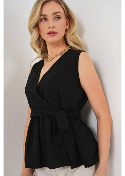 Kadın Kruvaze Yaka Kolsuz Bluz 966 - Siyah modelleri