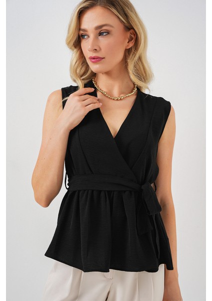 Kadın Kruvaze Yaka Kolsuz Bluz 966 - Siyah fırsatları