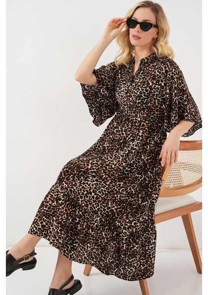Kadın Desenli Kısa Kol Elbise 2562 - C. Kahverengi
