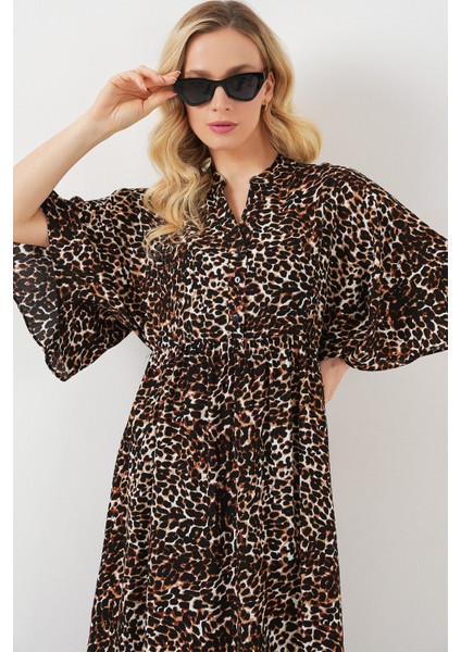 Kadın Desenli Kısa Kol Elbise 2562 - C. Kahverengi fiyatları