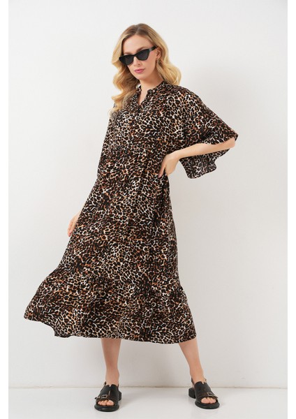 Kadın Desenli Kısa Kol Elbise 2562 - C. Kahverengi modelleri