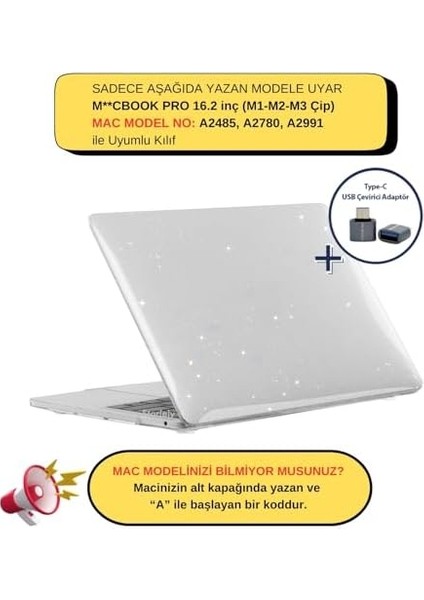 Macbook Pro Kılıf 16INÇ M1-M2-M3-M4 Simli Kristal Star (Touchbarsız 16.2" Pro) A2485 A2780 A2991 A3403 A3186 ile Uyumlu Şeffaf