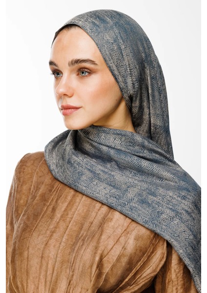 Sahra Desen Çift Taraflı Şal Petrol Mavisi-Bej