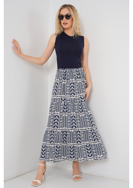 Kadın Desenli Uzun Etek 8053 - Krem